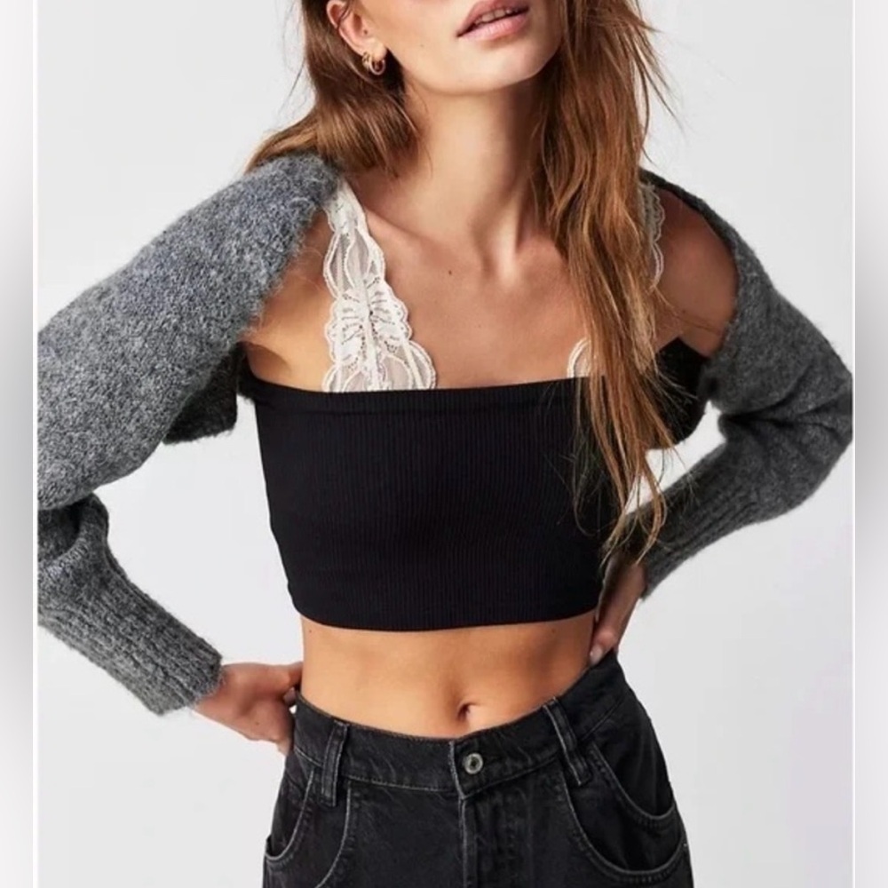 NEW Free People Prima Donna Knit Wool Blend Cropped Bolero Romantic Charcoal OS